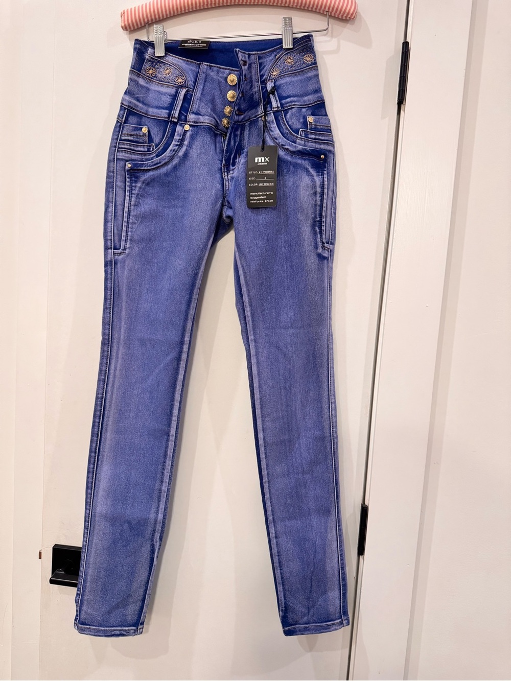 Moda International High-Rise Skinny Jeans in Denim Blue with Gold Accents